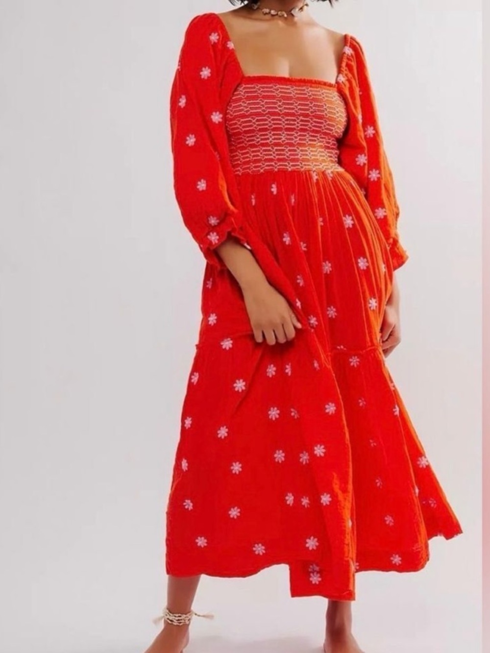 Free People Dahlia Embroidered Maxi Red Smocked Dress Puff Sleev Floral Boho